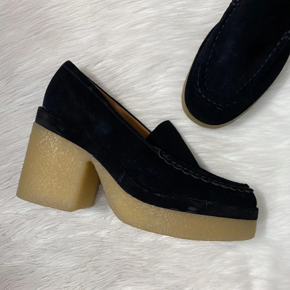 Marc Fisher Black Suede Lina Chunky Platform Heeled Loafers